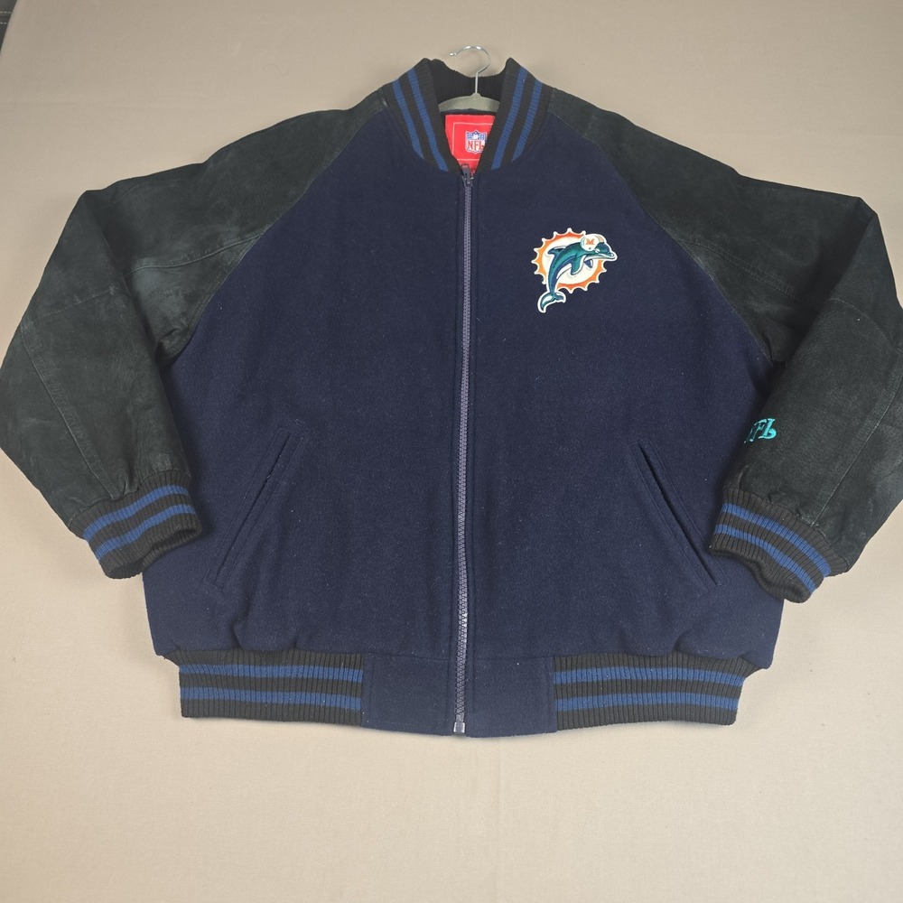 VTG NFL Team Apparel Miami Dolphins Varsity Bomber Jacket Mens L Wool Leather